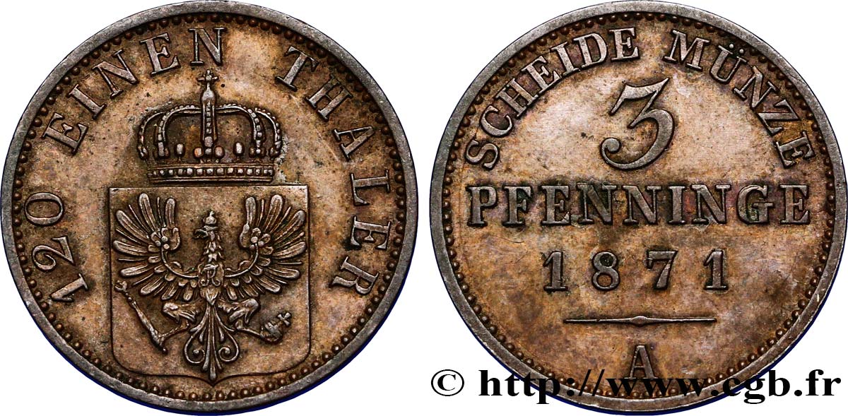 ALEMANIA - PRUSIA 3 Pfenninge Royaume de Prusse écu à l’aigle 1871 Berlin EBC 