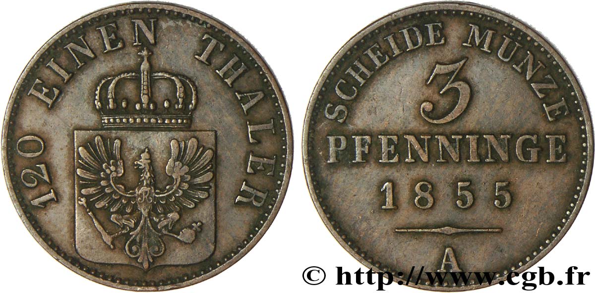 ALEMANIA - PRUSIA 3 Pfenninge Royaume de Prusse écu à l’aigle 1855 Berlin MBC 
