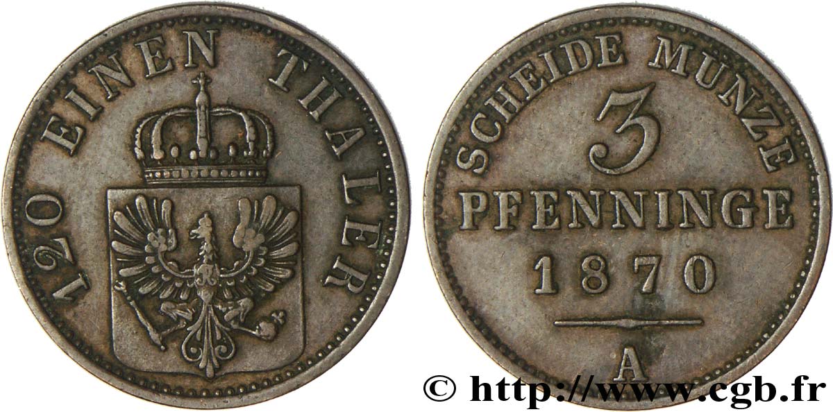 ALEMANIA - PRUSIA 3 Pfenninge Royaume de Prusse écu à l’aigle 1870 Berlin MBC+ 
