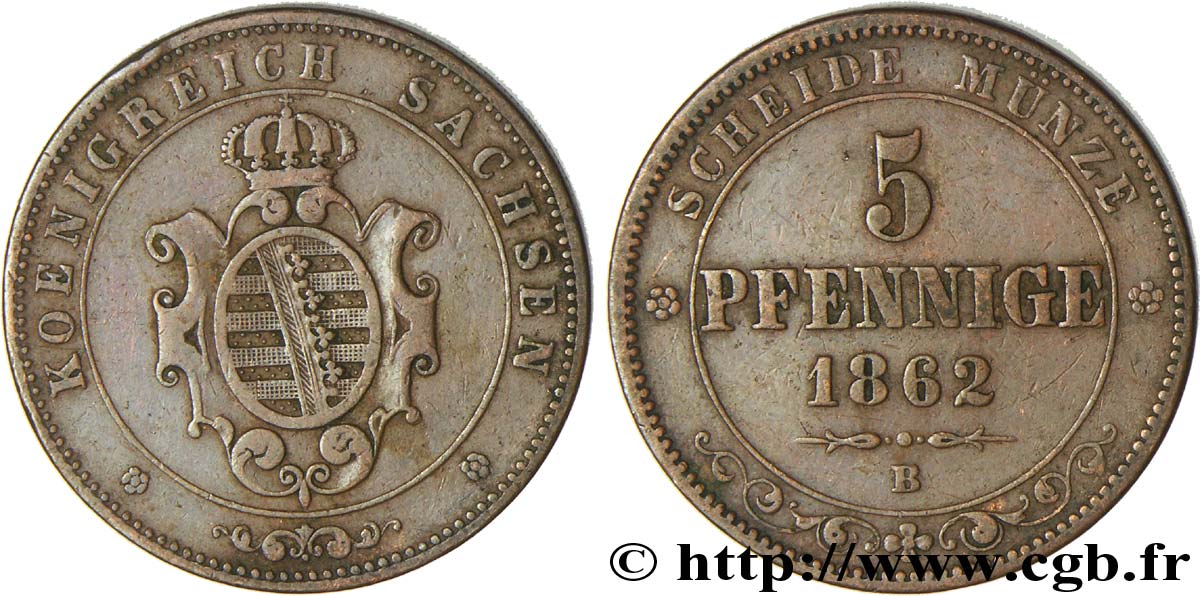 GERMANIA - SASSONIA 5 Pfennige Royaume de Saxe, blason 1862 Dresde BB 