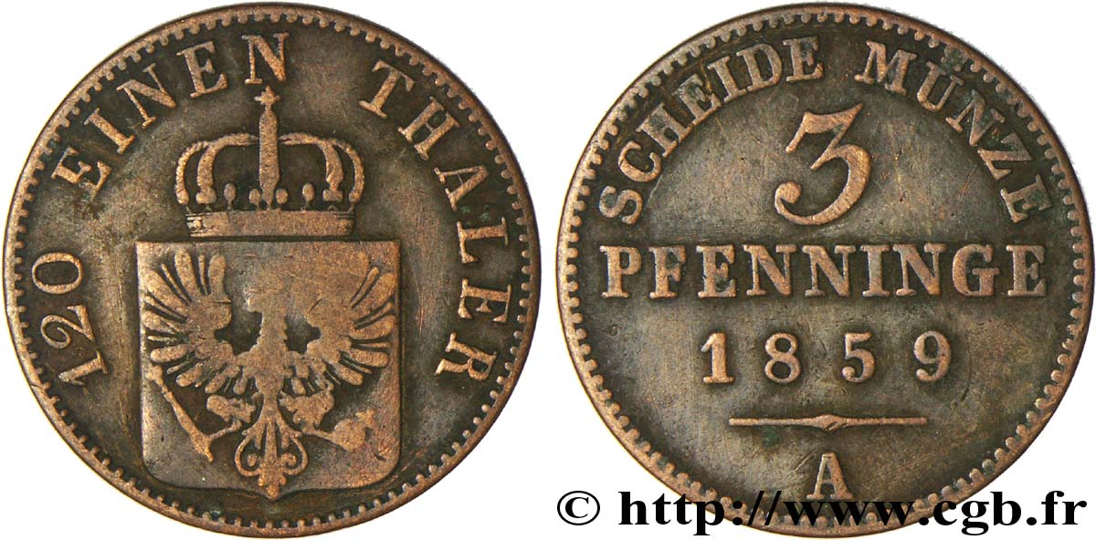 ALEMANIA - PRUSIA 3 Pfenninge Royaume de Prusse écu à l’aigle 1859 Berlin BC 