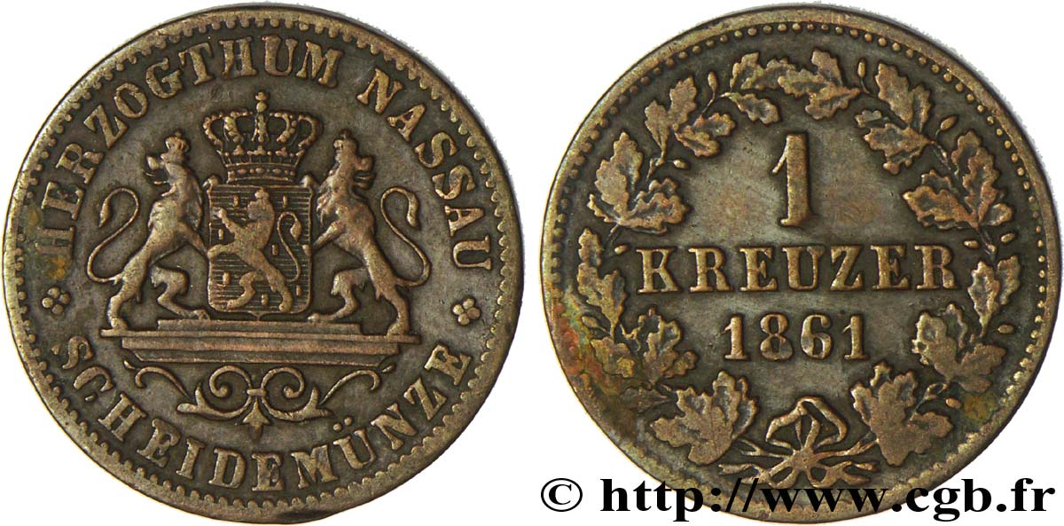 ALEMANIA - NASSAU 1 Kreuzer Grand-Duché de Nassau 1861  BC+ 