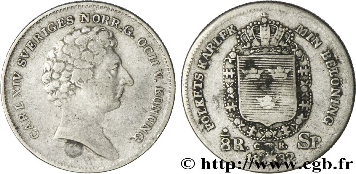 SUECIA 1/8 Riksdaler Charles XIV (Jean-Baptiste Jules Bernadotte) 1832  BC+ 