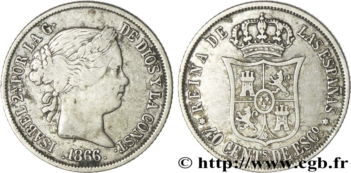 SPAIN 40 Centimos Isabelle II 1866 Madrid XF 