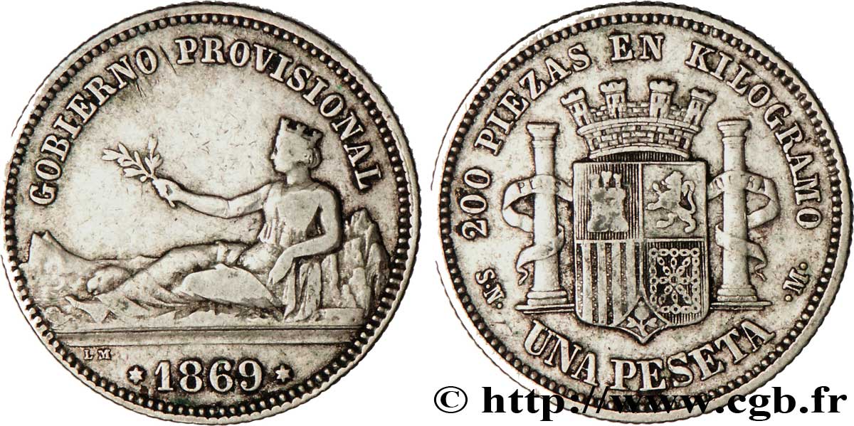 SPAIN 1 Peseta monnayage provisoire (1869) avec mention “Gobierno Provisional” 1869 Madrid XF 