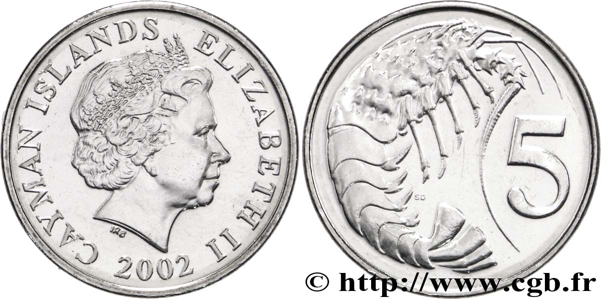 ISOLE CAYMAN 5 Cents Elisabeth II / crevette 2002 Cardiff, British Royal Mint MS 