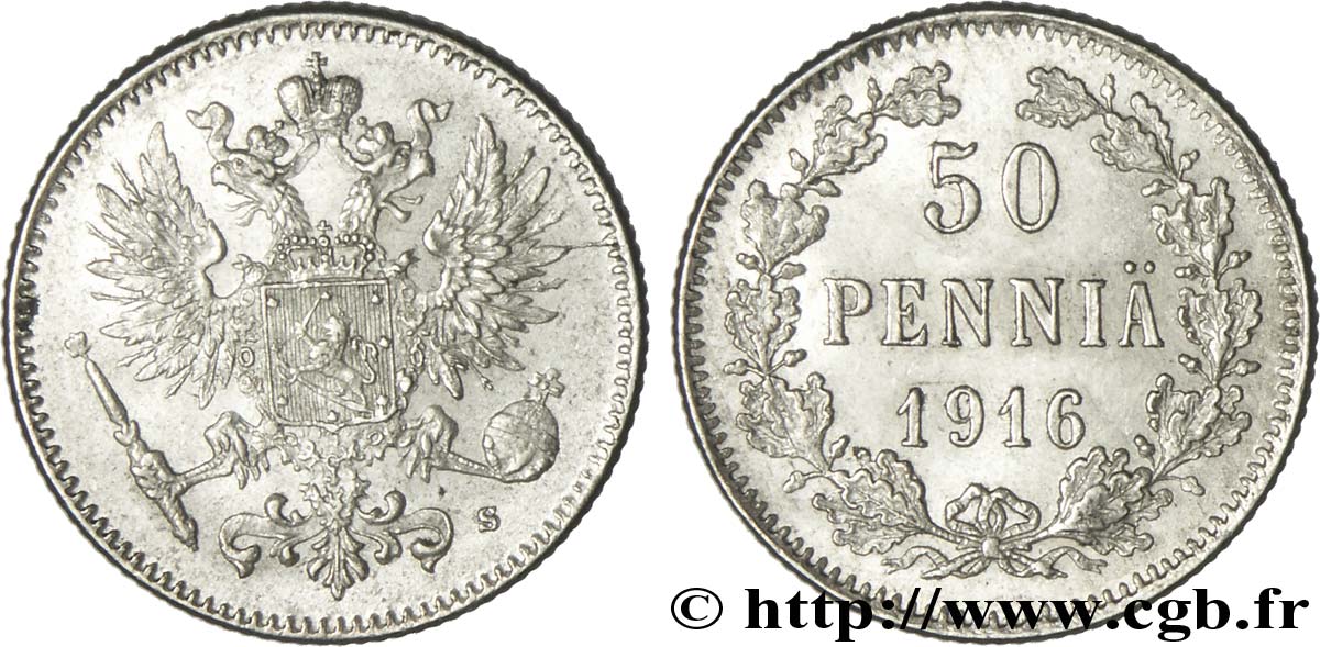 FINLANDIA 50 Pennia aigle bicéphale 1916 Helsinki EBC 