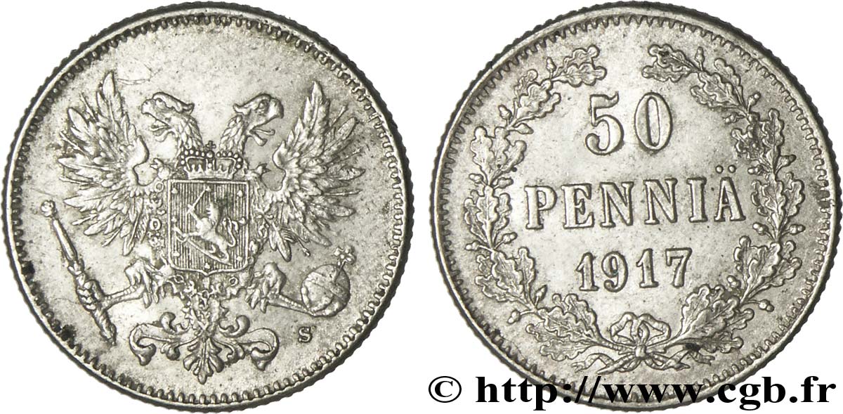 FINLANDIA 50 Pennia aigle bicéphale type à l’aigle sans couronne du gouvernement Kerenski 1917 Helsinki EBC 