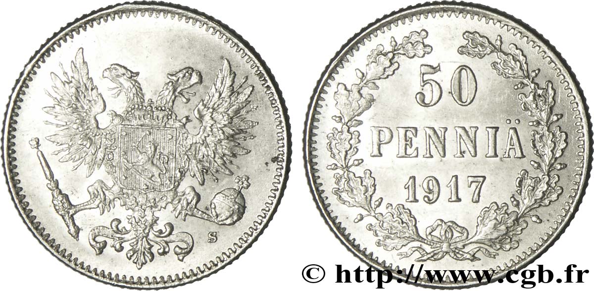 FINLAND 50 Pennia aigle bicéphale type à l’aigle sans couronne du gouvernement Kerenski 1917 Helsinki MS 