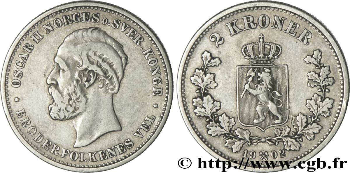 NORUEGA 2 Kroner Oscar II, roi de Norvège et Suède / emblème 1902  BC+ 