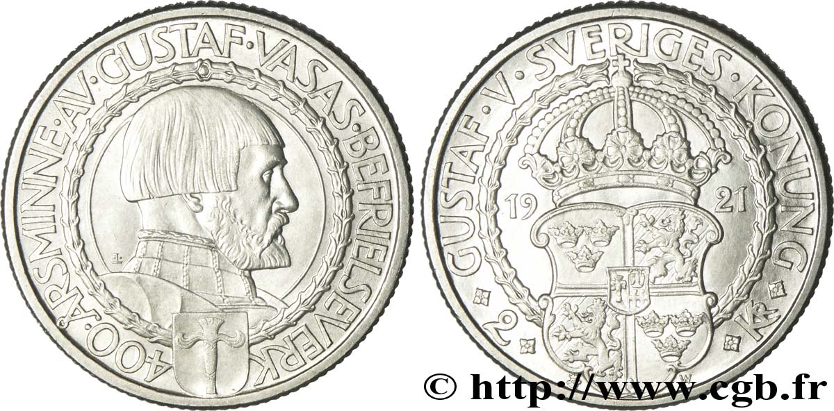 SWEDEN 2 Kronor Gustave Vasa 400e anniversaire de la liberté politique 1921  MS 