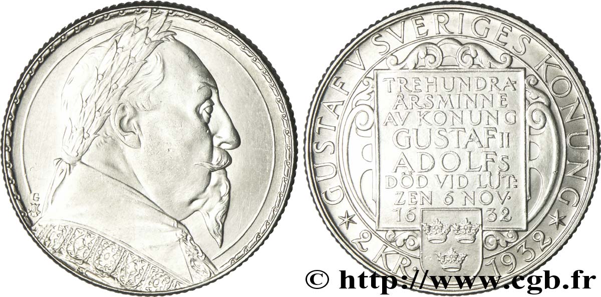 SVEZIA 2 Kronor 300e anniversaire du roi Gustave II Adolphe 1932  MS 