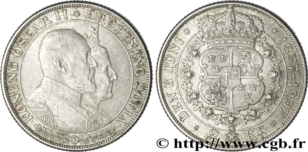 SUECIA 2 Kronor noces d’or du roi Oscar II et de la reine Sophie de Nassau 1907  EBC 