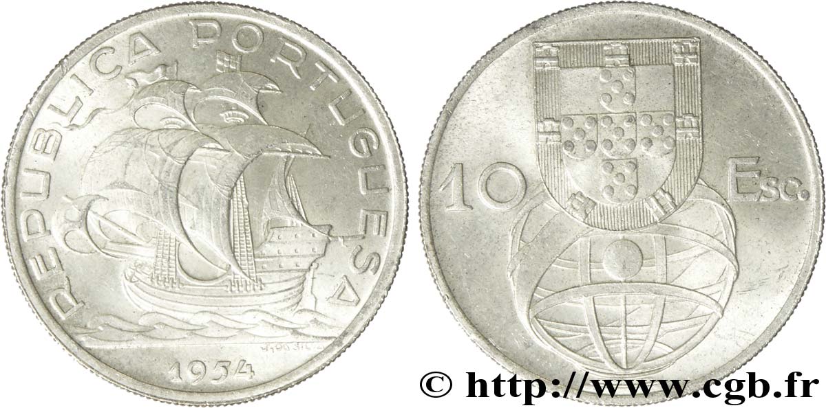 PORTUGAL 10 Escudos emblème et globe / caravelle 1954  EBC 
