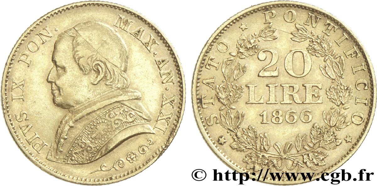 VATICAN ET ÉTATS PONTIFICAUX 20 Lire Pie IX anno XXI 1866 Rome TTB 