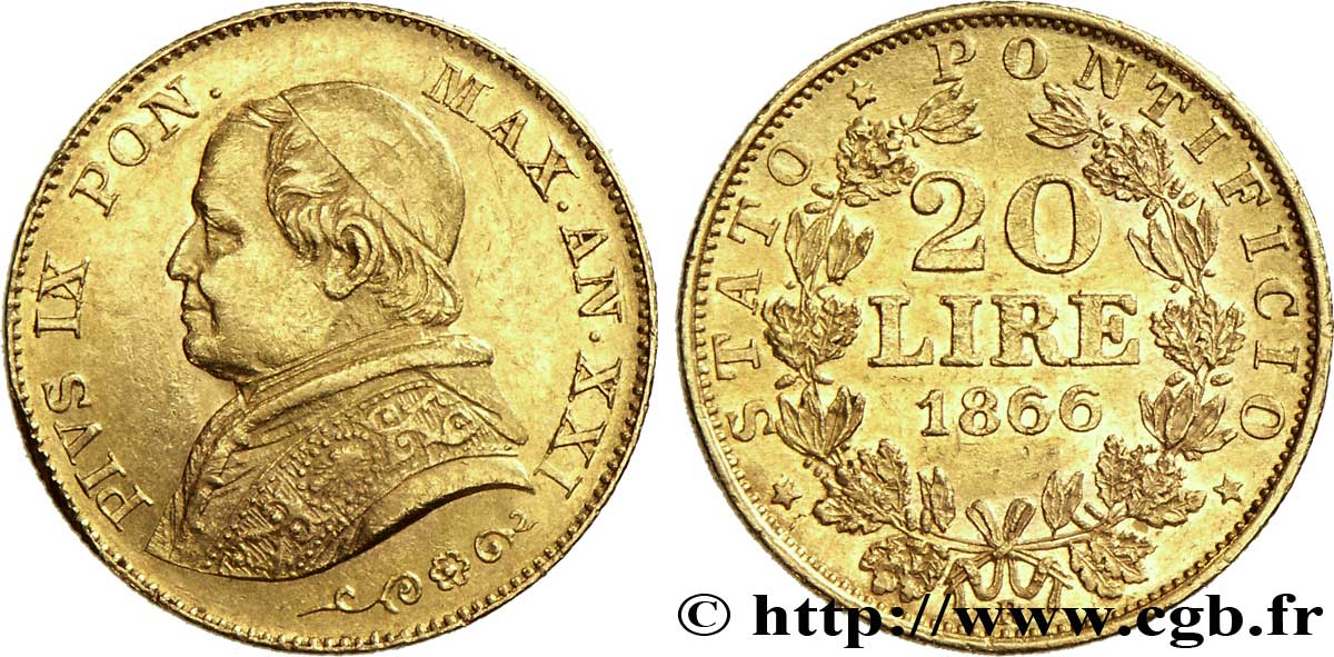 VATICANO Y ESTADOS PONTIFICIOS 20 Lire Pie IX anno XXI 1866 Rome EBC 