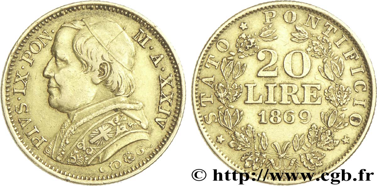 VATICAN AND PAPAL STATES 20 Lire Pie IX anno XXIV 1869 Rome XF 