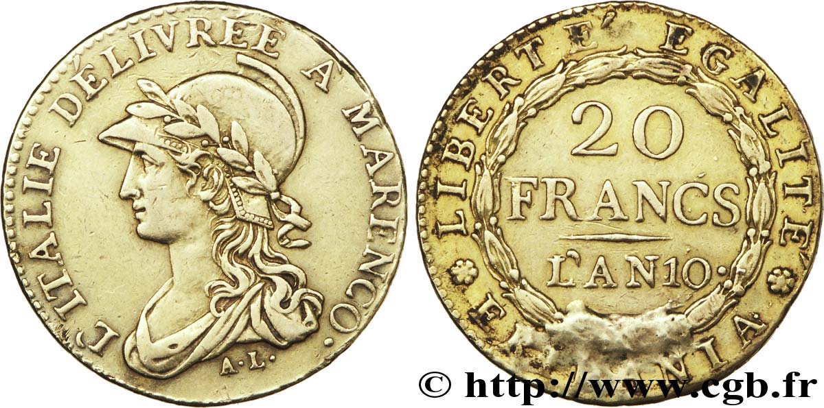 ITALIA - REPUBLICA SUBALPINA 20 Francs Gaule Subalpine - Eridania, allégorie de l’Italie avec mention “L’Italie délivrée à Marengo” 1802 (an 10) Turin BC+ 