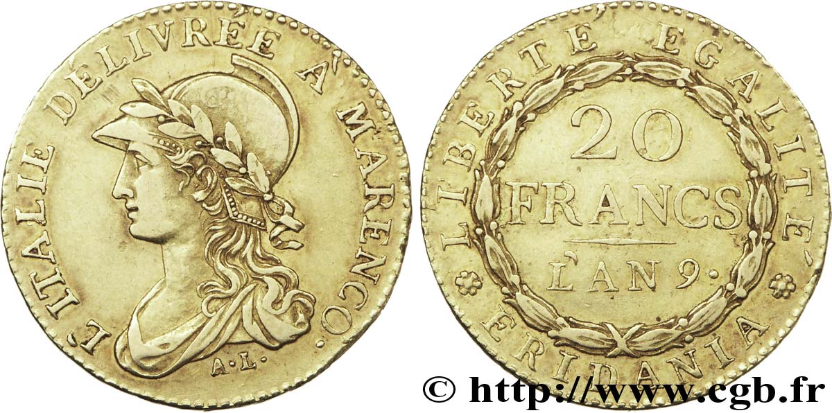 ITALIA - REPUBLICA SUBALPINA 20 Francs Gaule Subalpine - Eridania, allégorie de l’Italie avec mention “L’Italie délivrée à Marengo” 1801 (an 9) Turin MBC+ 