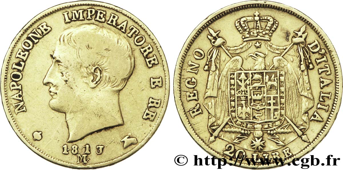ITALY - KINGDOM OF ITALY - NAPOLEON I 20 Lire Napoléon Empereur et Roi d’Italie 1813 Milan - M VF 