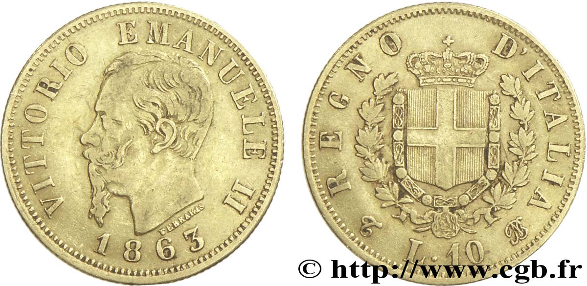 ITALY 10 Lire Victor Emmanuel II roi d’Italie / armes de la Savoie, variété de diamètre de 18,5 mm 1863 Turin - T XF 