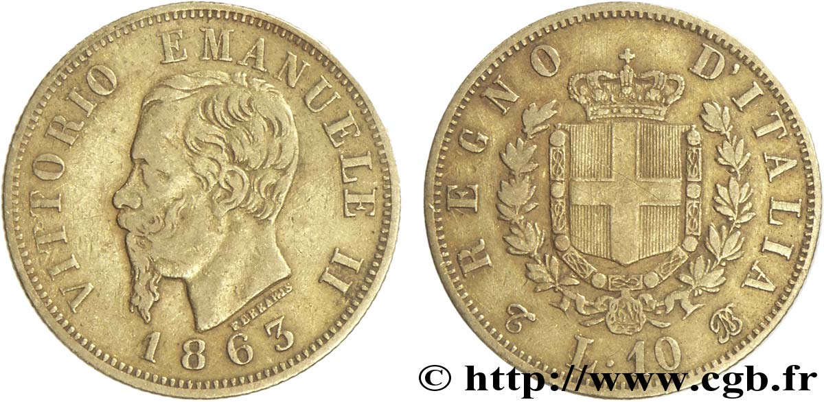ITALIEN 10 Lire Victor Emmanuel II roi d’Italie / armes de la Savoie, variété de diamètre de 18,5 mm 1863 Turin - T fVZ 