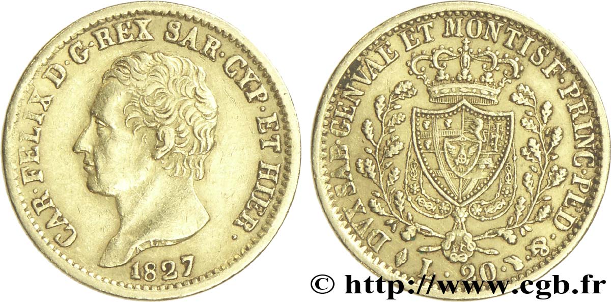 ITALY - KINGDOM OF SARDINIA 20 Lire Charles Félix roi de Sardaigne 1827 Turin AU 