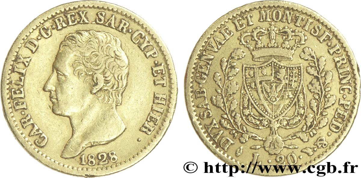 ITALY - KINGDOM OF SARDINIA 20 Lire Charles Félix 1828 Turin XF 