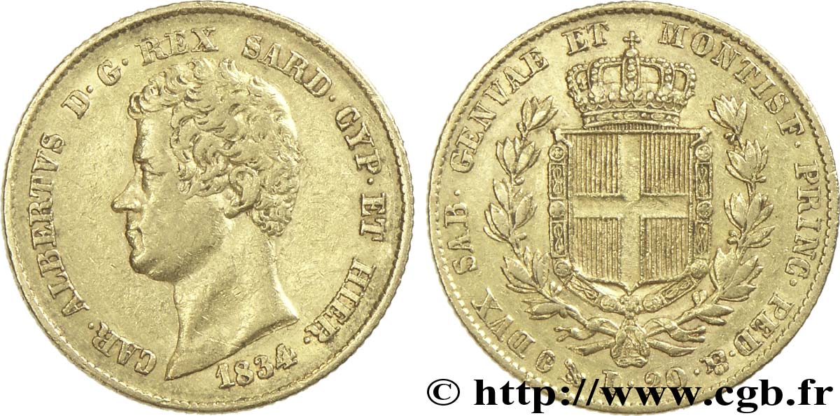 ITALY - KINGDOM OF SARDINIA 20 Lire Charles-Albert 1834 Gênes XF 