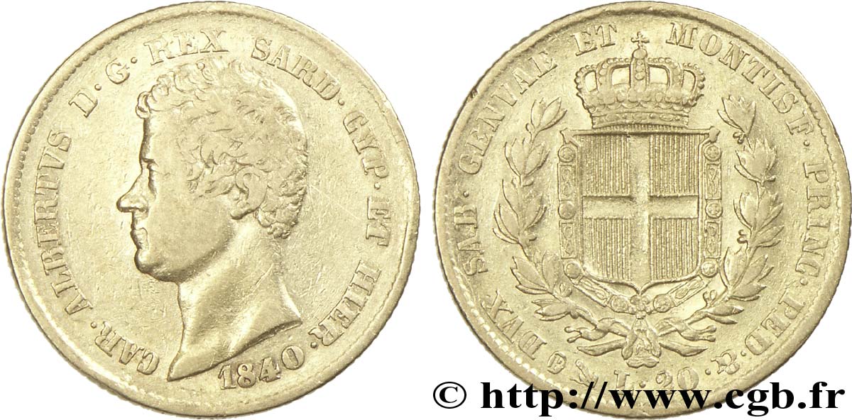 ITALY - KINGDOM OF SARDINIA 20 Lire Charles-Albert roi de Sardaigne 1840 Gênes VF 