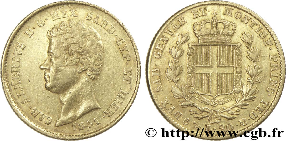 ITALIA - REGNO DE SARDINIA 20 Lire Charles-Albert roi de Sardaigne 1841 Gênes BB 