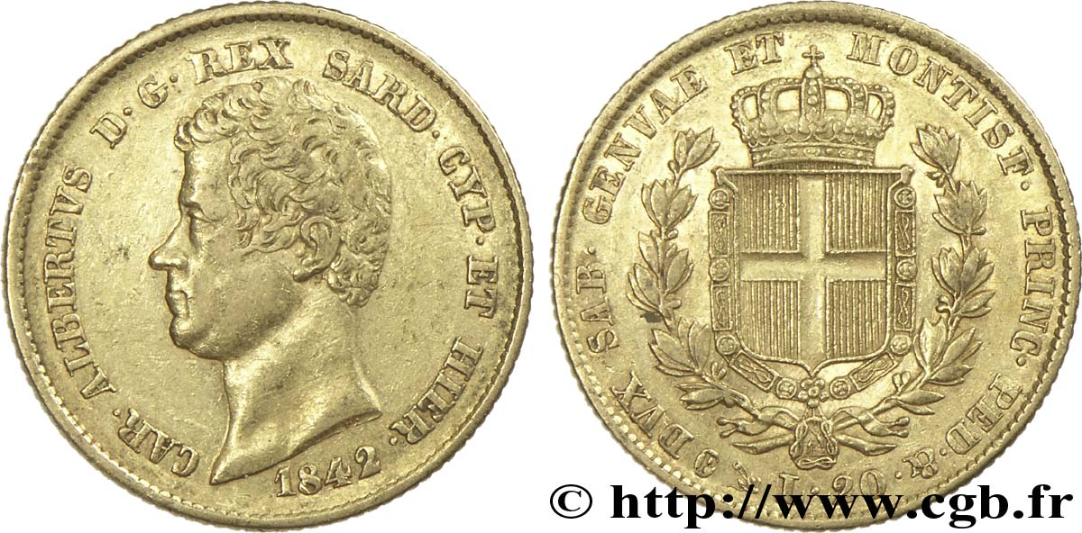 ITALY - KINGDOM OF SARDINIA 20 Lire Charles-Albert roi de Sardaigne 1842 Gênes XF 