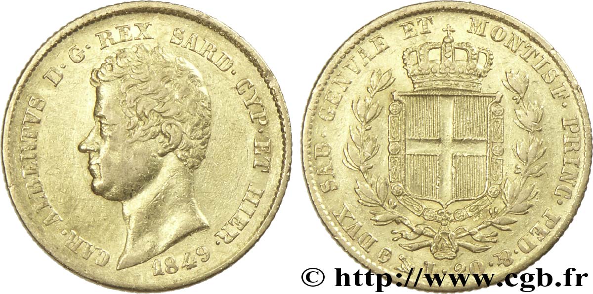 ITALIA - REGNO DE SARDINIA 20 Lire Charles-Albert roi de Sardaigne 1849 Gênes q.SPL 