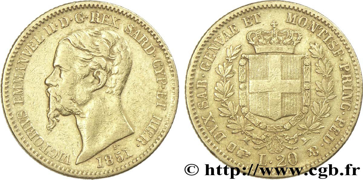 ITALY - KINGDOM OF SARDINIA 20 Lire Victor-Emmanuel II roi de Sardaigne / armes de Savoie couronnées 1851 Turin VF 