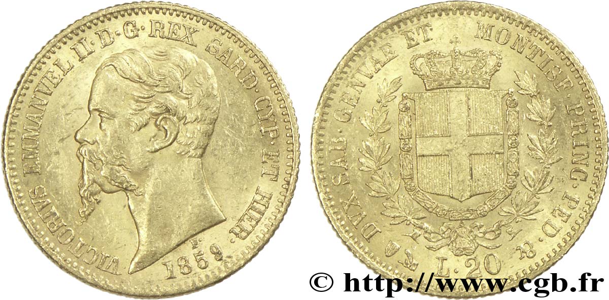 ITALIA - REGNO DE SARDINIA 20 Lire Victor-Emmanuel II roi de Sardaigne / armes de Savoie couronnées 1859 Gênes SPL 