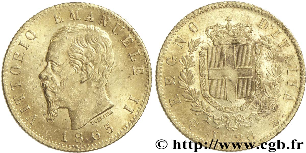 ITALIA 20 Lire Victor Emmanuel II  1865 Turin EBC 