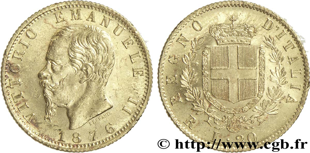 ITALY 20 Lire Victor Emmanuel II 1876 Rome AU 