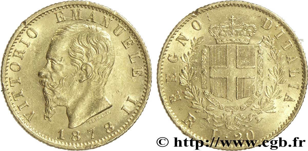 ITALY 20 Lire Victor Emmanuel II 1878 Rome AU 