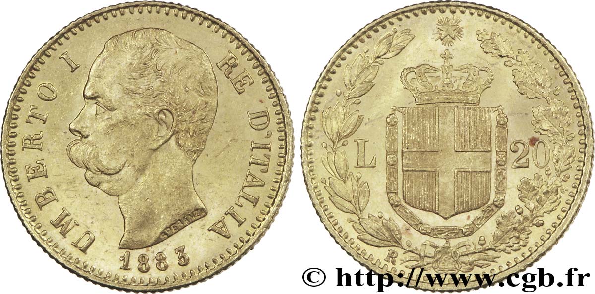 ITALIA 20 Lire Umberto I roi d’Italie / armes de Savoie couronnées 1883 Rome - R SPL 