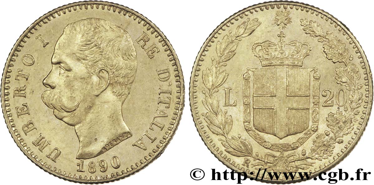 ITALIA 20 Lire Umberto I roi d’Italie / armes de Savoie couronnées 1890 Rome - R SPL 