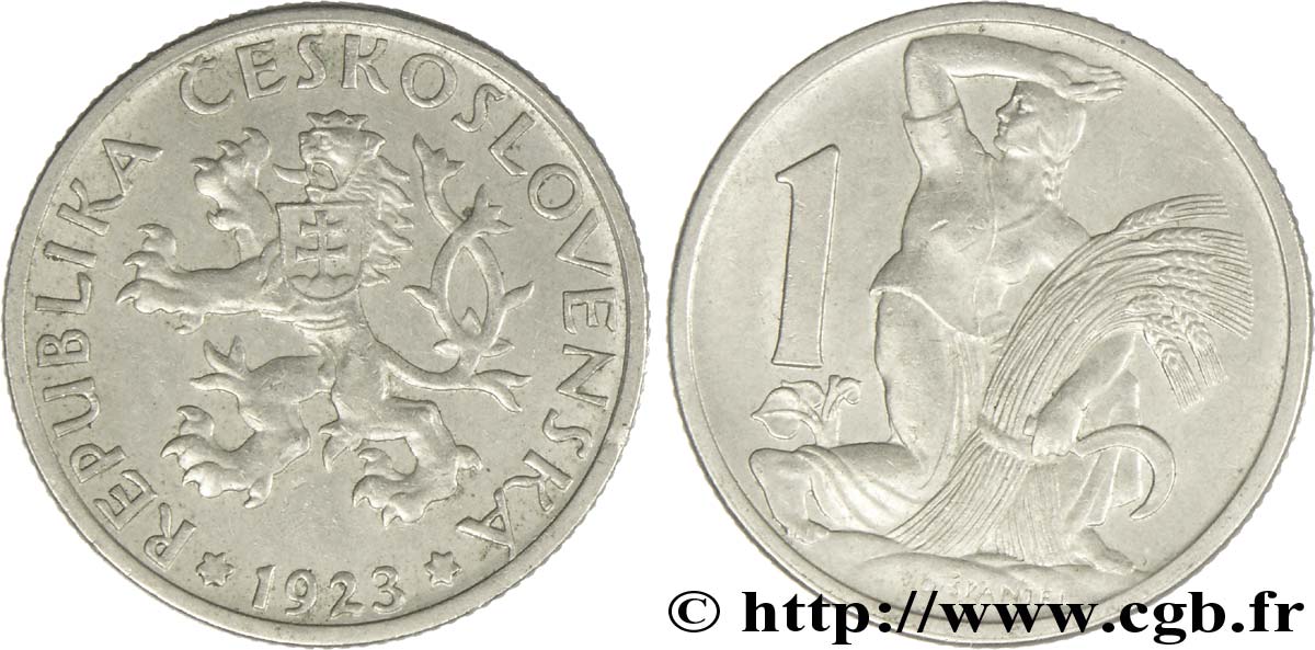 CECOSLOVACCHIA 1 Koruna lion / moissonneuse 1923  SPL 