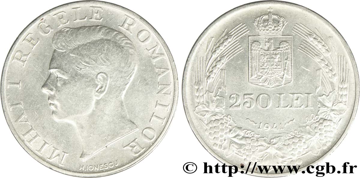 ROMANIA 250 Lei Michel Ier  / écu couronné, variété avec inscription “NIHIL SINE DEO” sur la tranche 1941 Hambourg AU 
