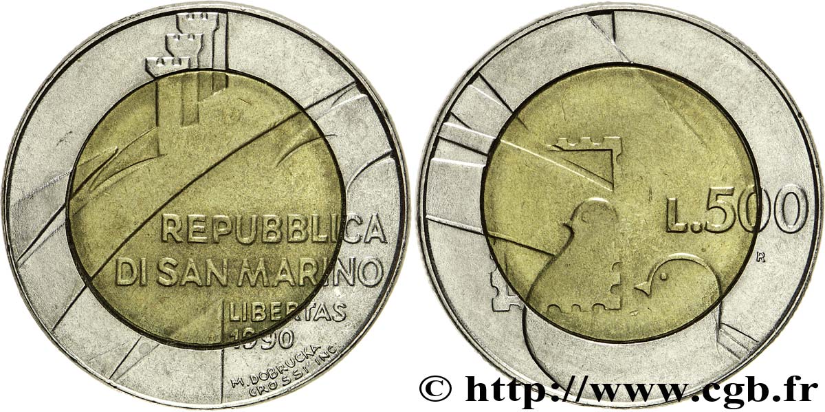 SAN MARINO 500 Lire ‘1600 ans d’histoire’ 1990 Rome - R SPL 