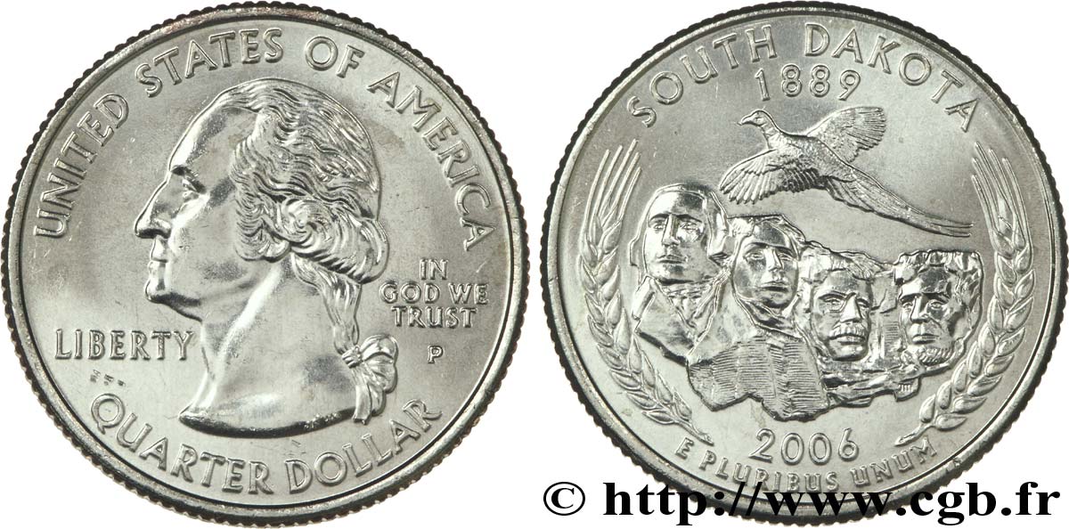 UNITED STATES OF AMERICA 1/4 Dollar Dakota du Sud, faisan à collier, monument national du mont Rushmore 2006 Philadelphie MS 