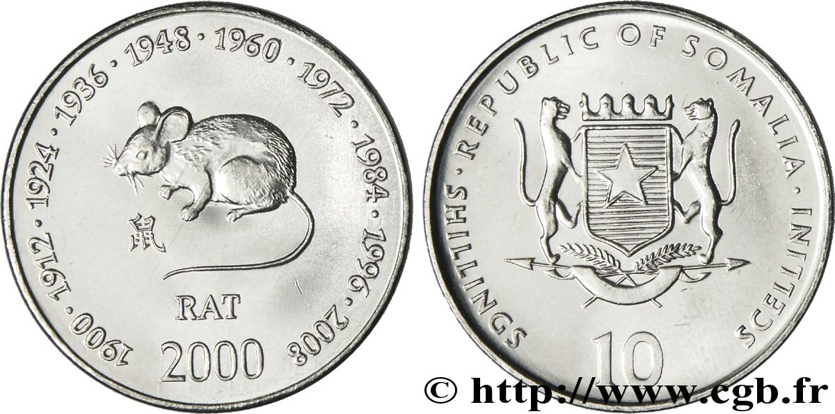 SOMALIA 10 Shillings emblème national / horoscope chinois : années du rat 2000  fST 
