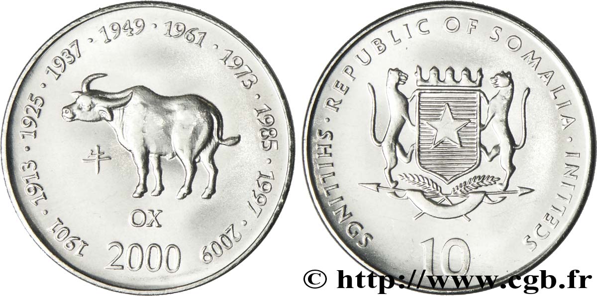 SOMALIA 10 Shillings emblème national / horoscope chinois : années du buffle 2000  SC 