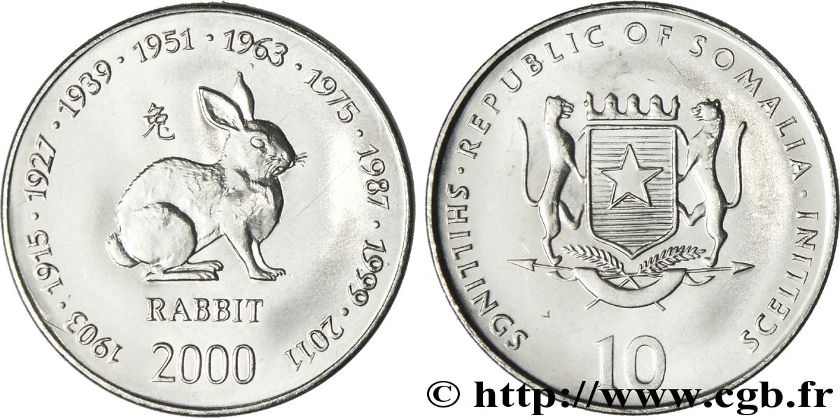 SOMALIA 10 Shillings emblème national / horoscope chinois : années du lièvre 2000  MS 