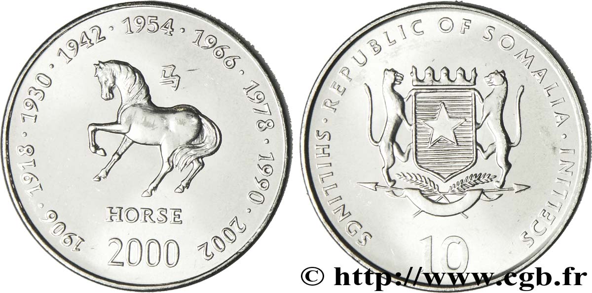 SOMALIA 10 Shillings emblème national / horoscope chinois : années du cheval 2000  MS 