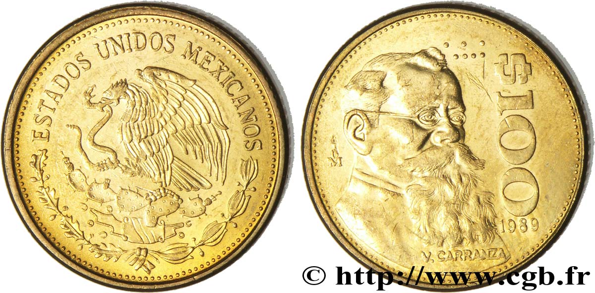MEXIKO 100 Pesos aigle mexicain / le président Venustiano Carranza 1989 Mexico fST 