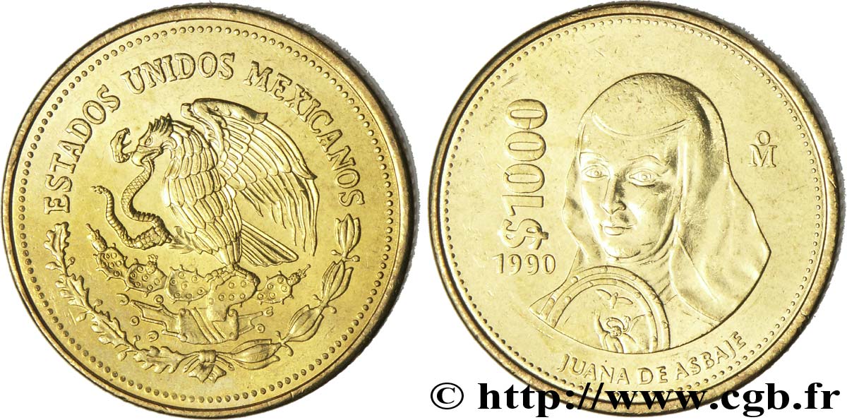 MÉXICO 1000 Pesos aigle mexicain / la soeur Juana de Asbaje 1990 Mexico SC 